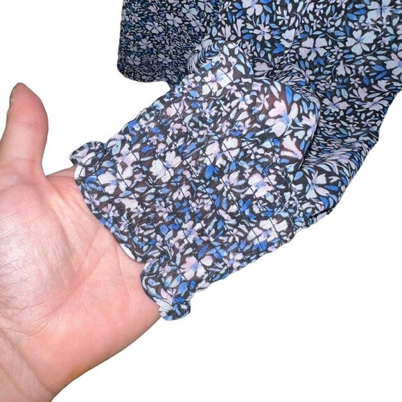 1. STATE Womens Blue Floral Smocked Cuffs Pullover Long‎ Sleeve V Neck Top XS - Picture 4 of 11